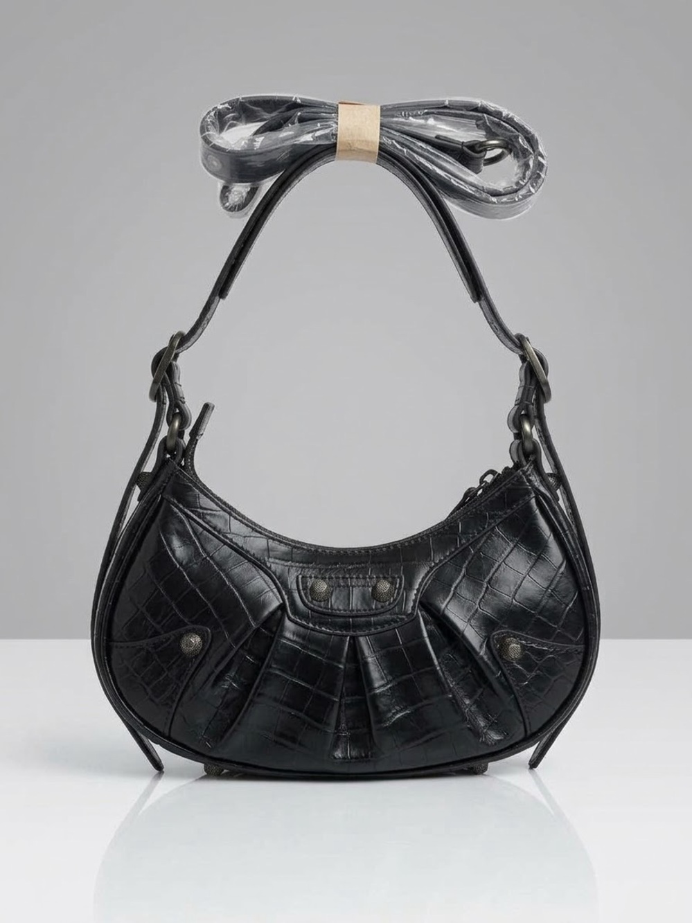 Black Croc-Embossed Shoulder Bag with Curved Silhouette